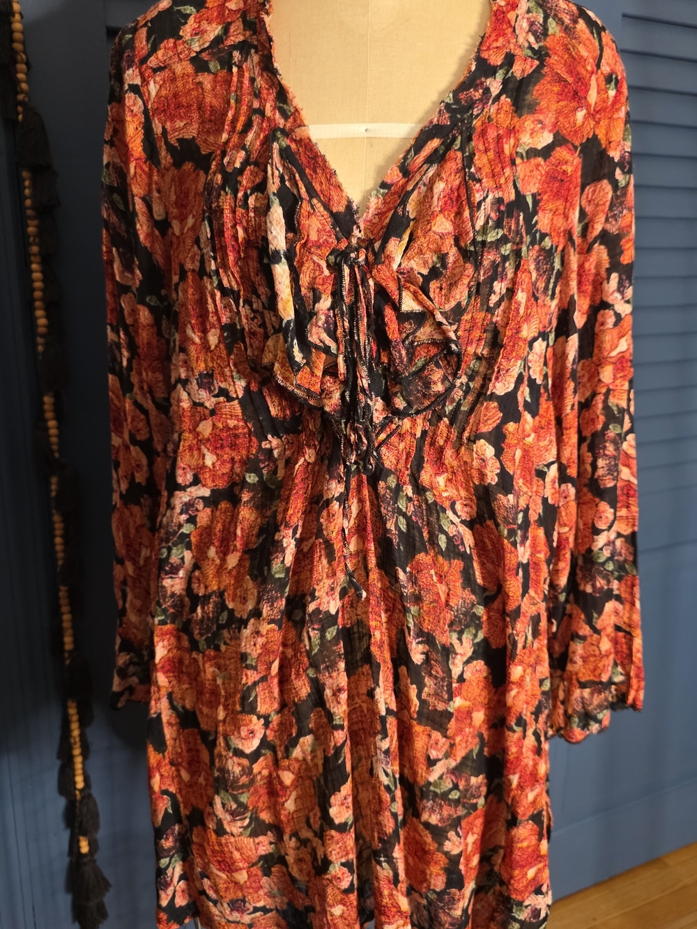 Free People Black & Orange Floral Tie-Front Dress